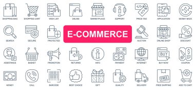 E-ticaret konsepti basit çizgi simgeleri ayarlandı. Resim çizimlerini paketle, alışveriş, online, pazar yeri, destek, fiyat etiketi, açık arttırma, indirim ve diğer şeyler. Web sitesi ve mobil uygulama tasarımı için vektör simgeleri