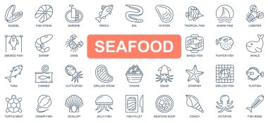 Deniz ürünleri konsepti basit çizgi simgeleri ayarlandı. Özet olarak midye, balık bifteği, sardalya, ıstakoz, karides, yengeç, balina, ton balığı, denizyıldızı ve diğerleri. Web sitesi ve mobil uygulama tasarımı için vektör simgeleri