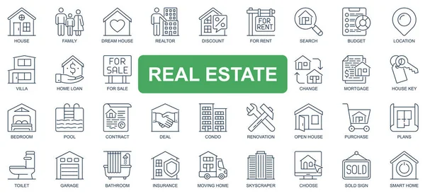 Real estate έννοια απλή γραμμή εικονίδια που. Πακέτο εικονογράμματα περίγραμμα του σπιτιού των ονείρων, ενοικίαση, πώληση, δάνειο, υποθήκη, ανακαίνιση, ασφάλιση, συμφωνία και άλλα. Σύμβολα διανυσμάτων για σχεδιασμό ιστοσελίδας και εφαρμογών για κινητά — Διανυσματικό Αρχείο