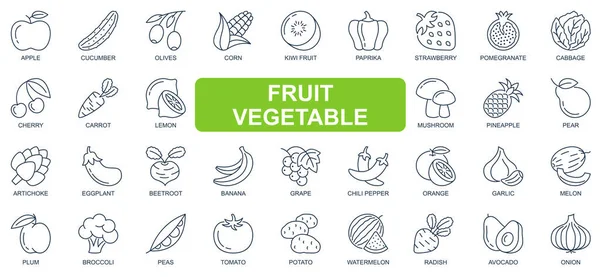 Meyve ve sebze konsepti basit çizgi simgeleri. Elma, salatalık, muz, havuç, domates, patates, karpuz ve diğerleri. Web sitesi ve mobil uygulama tasarımı için vektör simgeleri — Stok Vektör