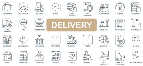 Delivery concept simple line icons set. Pack outline pictograms of e-shopping, email, global logistics, safe packaging, cargo, fast shipping and other. Vector symbols for website and mobile app design — Vettoriale Stock