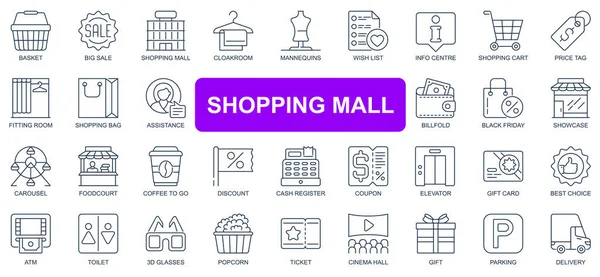 Shopping mall concept simple line icons set. Pack outline pictograms of basket, big sale, cloakroom, wish list, cart, price tag, showcase and other. Vector symbols for website and mobile app design — Wektor stockowy