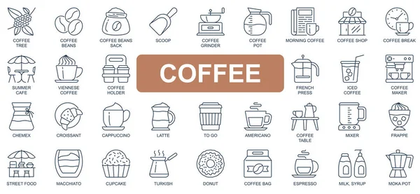 咖啡概念简单线条图标设置.包装上有豆子、商店、咖啡店、法国媒体、羊角面包、卡布奇诺、拿铁、美洲等国的象形文字。网站和移动应用程序设计的矢量符号 — 图库矢量图片