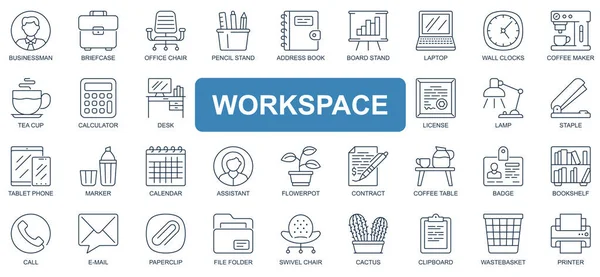 Workspace concept simple line icons set. Pack outline pictograms of businessman, briefcase, office, email, book, laptop, coffee, calculator and other. Vector symbols for website and mobile app design — стоковый вектор