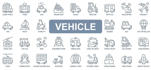 Vehicle concept simple line icons set. Pack outline pictograms of truck, tram, car, cruise, ship, tractor, helicopter, aircraft, forklift and other. Vector symbols for website and mobile app design — Stockvektor