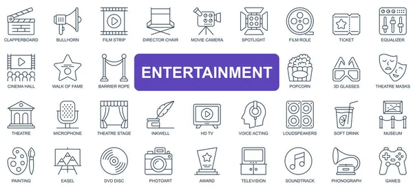 Entertainment concept simple line icons set. Pack outline pictograms of clapperboard, bullhorn, film, movie, camera, ticket, cinema hall and other. Vector symbols for website and mobile app design — Vetor de Stock