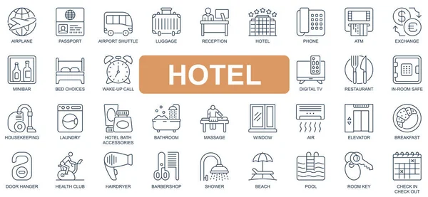 Hotel concept simple line icons set. Pack outline pictograms of passport, airport, luggage, reception, exchange, restaurant, housekeeping and other. Vector symbols for website and mobile app design — Stock Vector