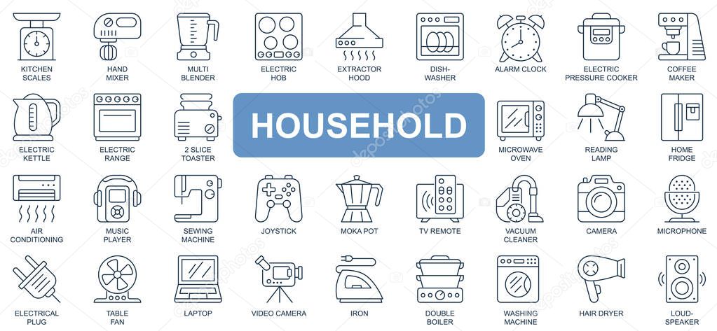 Household concept simple line icons set. Pack outline pictograms of kitchen, scales, mixer, blender, electric hob, dishwasher, table, kettle and other. Vector symbols for website and mobile app design
