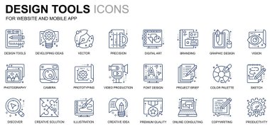 Basit Set tasarımı satırı kutsal kişilerin resmi web sitesi ve mobil uygulamalar için araçları. Böyle yaratıcı simgelerle, gelişmekte olan, hassas, vizyon, kroki içerir. Kavramsal renkli simge. Vektör piktogram paketi.