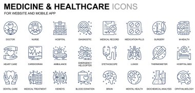 Basit Set sağlık ve tıp satır simgeler Web sitesi ve mobil uygulamalar için. Doktor, hastane, tıbbi ekipman olarak böyle simgeleri içerir. Kavramsal renkli simge. Vektör piktogram paketi.