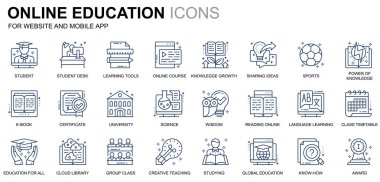 Basit Set eğitim ve bilgi satırı simgeler Web sitesi ve mobil uygulamalar için. Online ders, Üniversitesi, eğitim, kitap olarak bu simgeleri içerir. Kavramsal renkli simge. Vektör piktogram paketi.