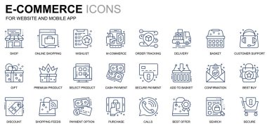Web sitesi ve mobil uygulamalar için basit Set E-ticaret ve alışveriş satır simgeler. Teslimat, ödeme, sepet, müşteri, dükkanı olarak böyle simgeleri içerir. Kavramsal renkli simge. Vektör piktogram paketi.