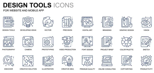 Simples conjunto de ferramentas de design Ícones de linha para site e aplicativos móveis. Contém ícones como Criativo, Desenvolvimento, Precisão, Visão, Esboço. Ícone de linha de cor conceitual. Embalagem de pictograma vetorial . — Vetor de Stock