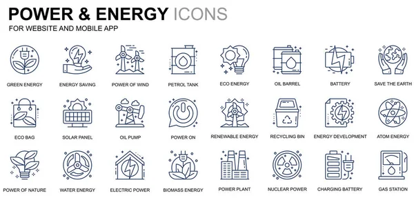 Prosty zestaw energetyki i energii linii ikony dla witryny sieci Web i aplikacji mobilnych. Zawiera takie ikony jak Panel słoneczny, eko energia, elektrowni. Ikona pojęciowy kolor linii. Wektor piktogram pack. — Wektor stockowy