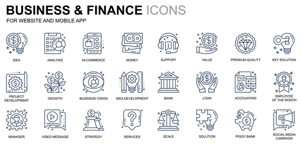 Einfach Geschäfts- und Finanzliniensymbole für Webseiten und mobile Apps festlegen. enthält Symbole wie Analyse, Geld, Buchhaltung, Strategie, Bank. konzeptionelle Farblinie Icon. Vektor-Piktogrammpaket. — Stockvektor