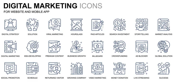Egyszerű üzleti és Marketing sor beállítása ikonok weboldal és mobil alkalmazások. Olyan ikonok, mint piaci digitális stratégiáját, globális megoldást tartalmaz. Konceptuális color line ikonra. Vector piktogram csomag. — Stock Vector
