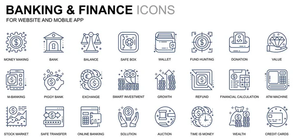 Egyszerű beállítása banki és pénzügyi vonal ikonok weboldal és mobil alkalmazások. Tartalmaz olyan ikonok, mint a mérleg, E-Banking, aukció, pénzügyi növekedés. Konceptuális color line ikonra. Vector piktogram csomag. — Stock Vector