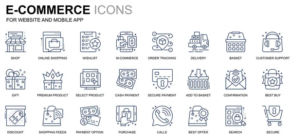 简单设置电子商务和购物线图标的网站和移动应用程序。包含交货、付款、购物篮、客户、商店等图标。概念颜色线图标。矢量象形图包. — 图库矢量图片