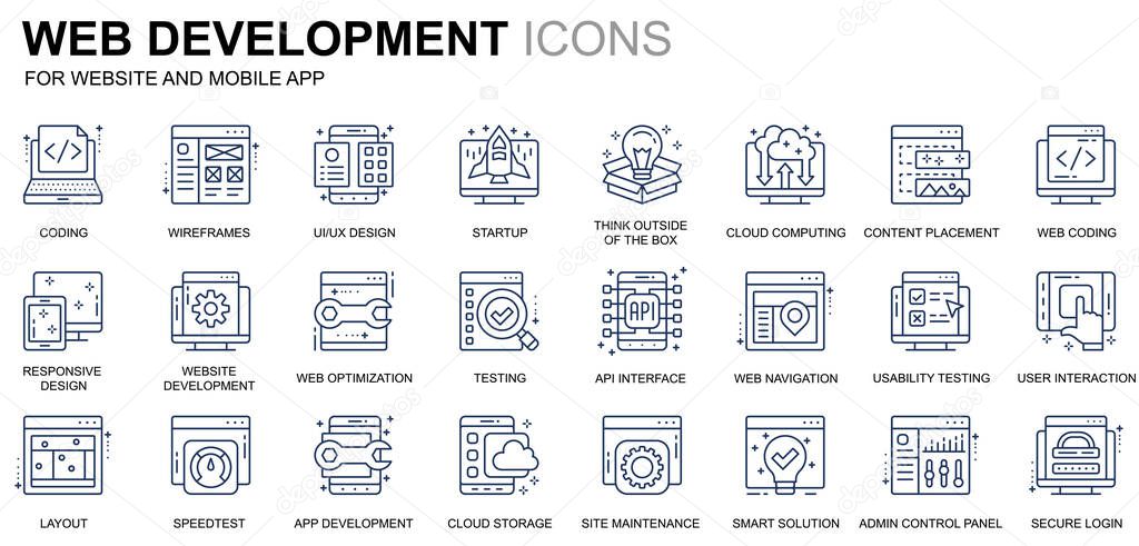 Simple Set Web Disign and Development Line Icons for Website and Mobile Apps. Contains such Icons as Coding, App Development, Usability. Conceptual color line icon. Vector pictogram pack.