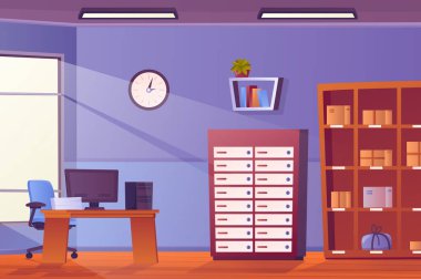 Düz çizgi film tasarımında ofis içi konsepti. Oda ve mobilya duvar kağıdı. Masaüstü bilgisayarı, kağıtlı masa, koltuk, dolap, raf, kitaplık, dekor. Görüntü arkaplanı