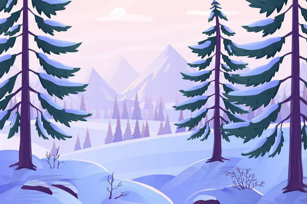 Winter forest view concept in flat cartoon design. Snowy fir trees and other evergreen trees on slopes and mountains on horizon. Day in woods or park. Natural scenery. Illustration background — Stockfoto