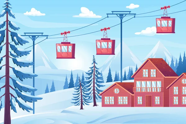 Skidanläggning med kabinbanekoncept i platt tecknad design. Stugor, vinterskog med granar, snöiga berg, linbanestugor som lyfter. Naturlandskap. Illustrationsbakgrund — Stockfoto