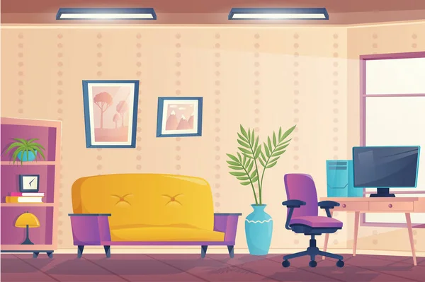 Концепція інтер'єру вітальні в дизайні плоского мультфільму. Квартира з диваном, робоче місце зі стільцем та комп'ютером на столі, книжкова шафа з декором, картини, рослини та вікно. фон ілюстрації — стокове фото