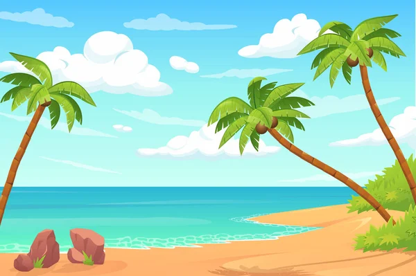 Concepto de isla tropical de verano en diseño plano de dibujos animados. Playa de arena con palmeras de coco y vistas al mar o a la orilla del mar. Descanso de verano en la playa. Paisajes marinos idílicos. Fondo de ilustración — Foto de Stock