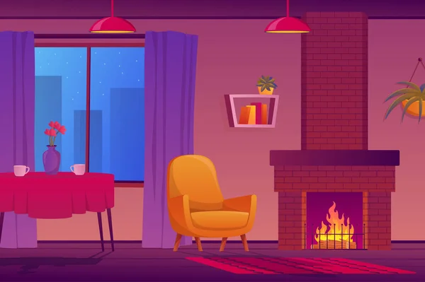 Living room with fireplace interior concept in flat cartoon design. Apartment view with fireplace, armchair, table with cups, window with curtains, bookshelf, decor. Illustration background — Zdjęcie stockowe