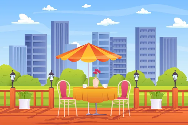Summer outdoor cafe concept in flat cartoon design. Terrace with cups on table and chairs, umbrella, wooden fence with lanterns, green plants and skyscrapers view. Illustration background — Zdjęcie stockowe
