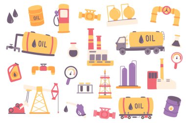 Petrol endüstrisi nesneleri izole etti. Petrol ve yakıt tahsilatı, ulaşım ve depolama, boru hattı, fıçı, tank, fabrika. Çizgi filmdeki tasarım elementlerinin tasviri