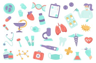 Tıbbi klinik izole nesneler. Aşı, ilaç, tedavi, kalp, akciğer, laboratuvar camları, tıp sembolleri koleksiyonu. Çizgi filmdeki tasarım elementlerinin tasviri