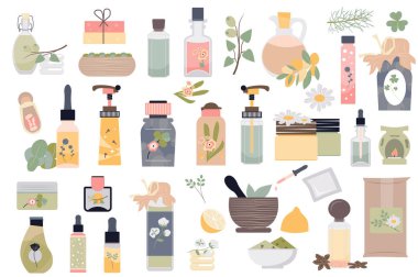 Spa ve organik kozmetik elementleri ayarlandı. Cilt bakım ürünleri, meyveler, şifalı bitkiler ve çiçek kompozisyonları içeren farklı şişe türlerinin toplanması. Düz çizgi film tasarımı illüstrasyonu