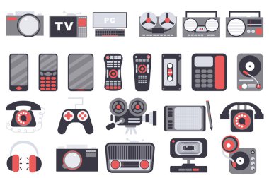 Gadgets izole elementler ayarlandı. Fotoğraf makinesi, televizyon, bilgisayar, teyp, radyo, akıllı telefon koleksiyonu. Elektronik alet atölyesi kompozisyonları. Düz çizgi film tasarımı illüstrasyonu