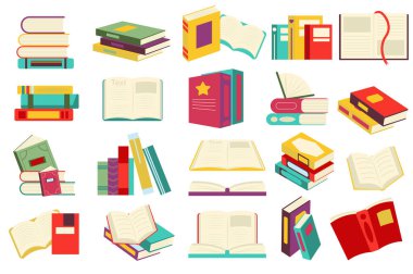Düz çizgi film dizaynında kitap okumak. Kitap ya da ders kitabı yığınları, yer imlerinin olduğu sayfaları açmak, farklı türlerde edebiyat. Kütüphane ya da kitapçı koleksiyonu izole ögeler. Görüntü