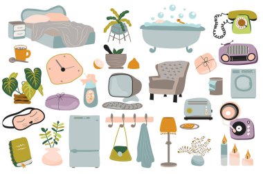Düz dizaynlı rahat iç koleksiyon. Yatak odası, banyo, mutfak için mobilya. Yatak küveti, koltuk, bilgisayar, lamba, dekor, diğer izole elementler. İllüzyon. El çizimi biçimi.