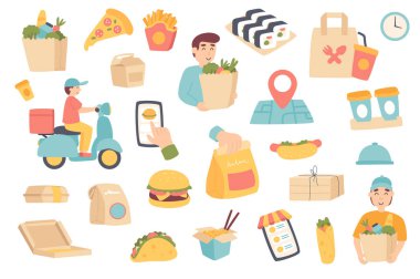 Gıda teslimatı izole nesneler. Kurye koleksiyonu, market poşeti, pizza, hamburger, suşi, kahve, mobil uygulama ve izleme. Çizgi filmdeki tasarım elementlerinin tasviri