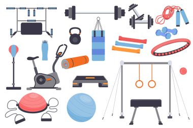 Spor ekipmanları izole edildi. Halter, halter, kettlebell, hulahop, egzersiz bisikleti, jimnastik aletleri ve diğerleri. Çizgi film tasarımında resimleme için oluşturucu kiti