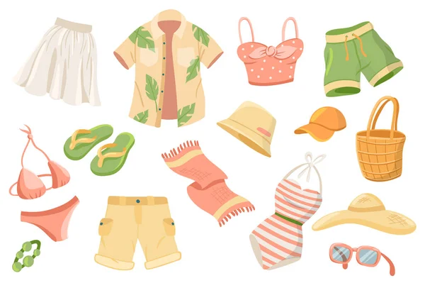 Summer clothing cute stickers isolated set. Collection of skirt, shirt, short, swimsuit, towel, slippers, sunglasses, accessory. Sea resort vacation clothes. Illustration in flat cartoon design — Stockfoto