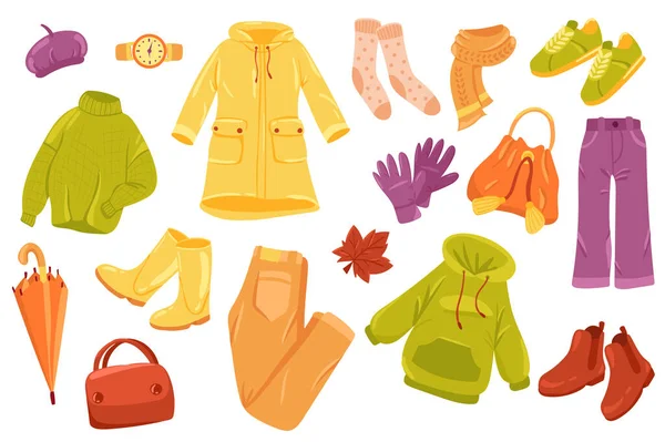 Vêtements d'automne autocollants mignons ensemble isolé. Collection de pull, imperméable, chaussettes, écharpe, gants, pantalon, parapluie. Vêtements chauds pour marcher à l'extérieur. Illustration en dessin animé plat — Photo