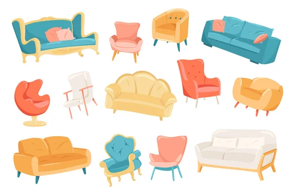 Furniture cute stickers isolated set. Collection of armchairs and sofas of different types with pillows. Stylish modern interior design for home or office. Illustration in flat cartoon design — стоковое фото