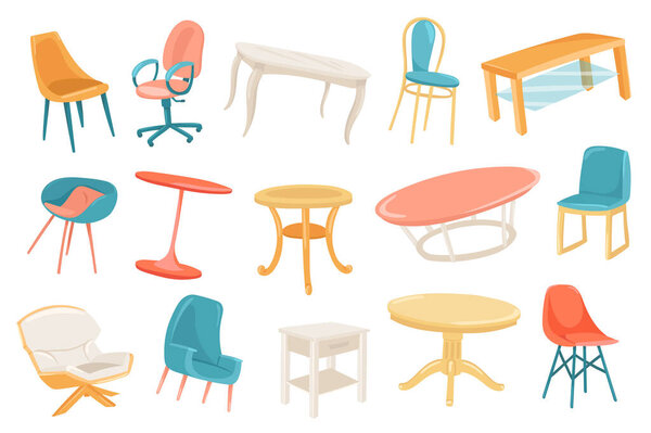 Мебель милые наклейки изолированный набор. Коллекция стульев и столов разных типов. Стильный современный дизайн интерьера для гостиной или столовой. Иллюстрация в плоском дизайне мультфильма