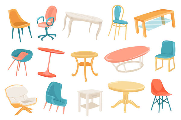 Furniture cute stickers isolated set. Collection of chairs and tables of different types. Stylish modern interior design for living room or dining room. Illustration in flat cartoon design