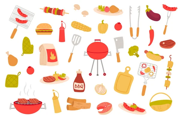 Barbacoa picnic objetos aislados conjunto. Colección de barbacoa, cocina de platos de carne, salchichas, bistec, kebab, verduras, hot dog, mostaza, ketchup. Ilustración de elementos de diseño en dibujos animados planos —  Fotos de Stock