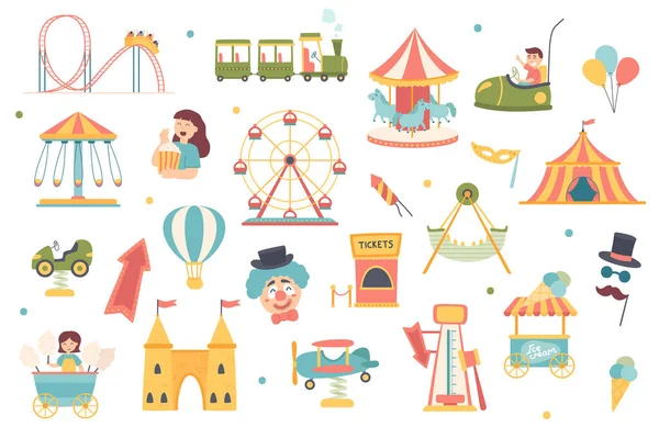 Amusement park isolated objects set. Collection of carousels and attractions, roller coasters, popcorn, clown, children, cotton candy, ice cream. Illustration of design elements in flat cartoon — Stockfoto