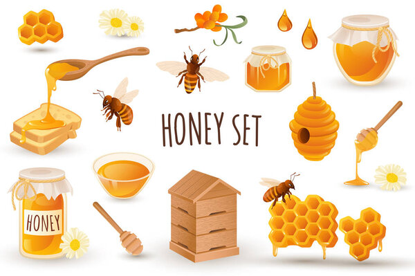 Honey production icon set in realistic 3d design. Bundle of bees, honeycomb, apiary, toast, beehive, jar with honey and other. Beekeeping collection. Illustration isolated on white background