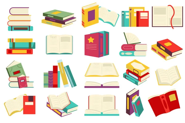 Reading book set in flat cartoon design. Stacks of books or textbook, open pages with bookmarks, literature of different genres. Library or bookstore collection isolated elements. Illustration — Stock Fotó