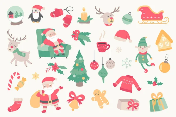 Christmas holiday isolated objects set. Collection of Santa Claus, elf, reindeer, penguin, tree, gifts, snowflakes, decor, clothes and sweets. Illustration of design elements in flat cartoon — Stock Photo, Image