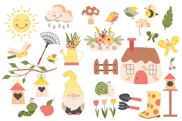 Gardening and Spring collection in flat design. House and fence, garden gnome, rubber boots, tools, flower bouquets, birds, sun and others isolated elements set. Illustration. Hand drawn style. — Fotografia de Stock