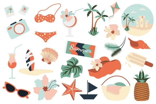 Summer time rest collection in flat design. Swimsuit, hat, cocktail, palm, sunglasses, pineapple, flowers, ice cream, surfboard and others isolated elements set. Illustration. Hand drawn style. — Stock Photo, Image